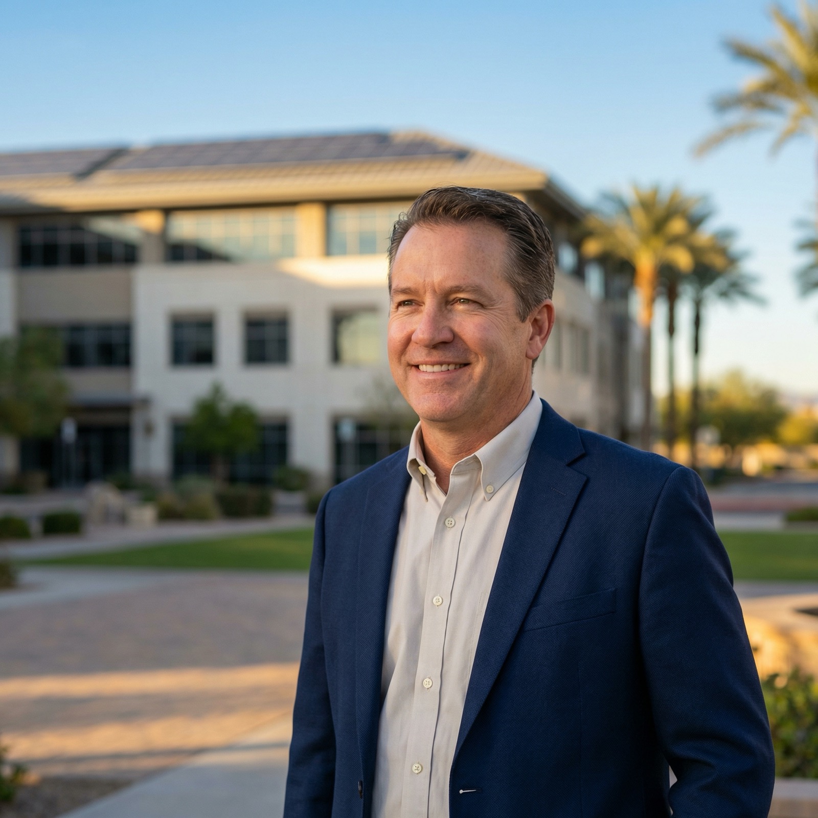 Business owner with commercial solar installation